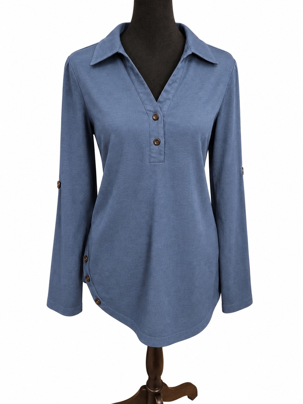 SHEIN Blue Roll-Tab Sleeve Asymmetrical Tunic Top – Medium